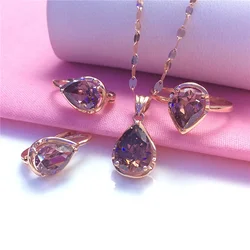 Plated 14K Rose Gold Water Drop Amethyst Jewelry Sets Romantic Delicate Earrings for Women Wedding Ring Necklace