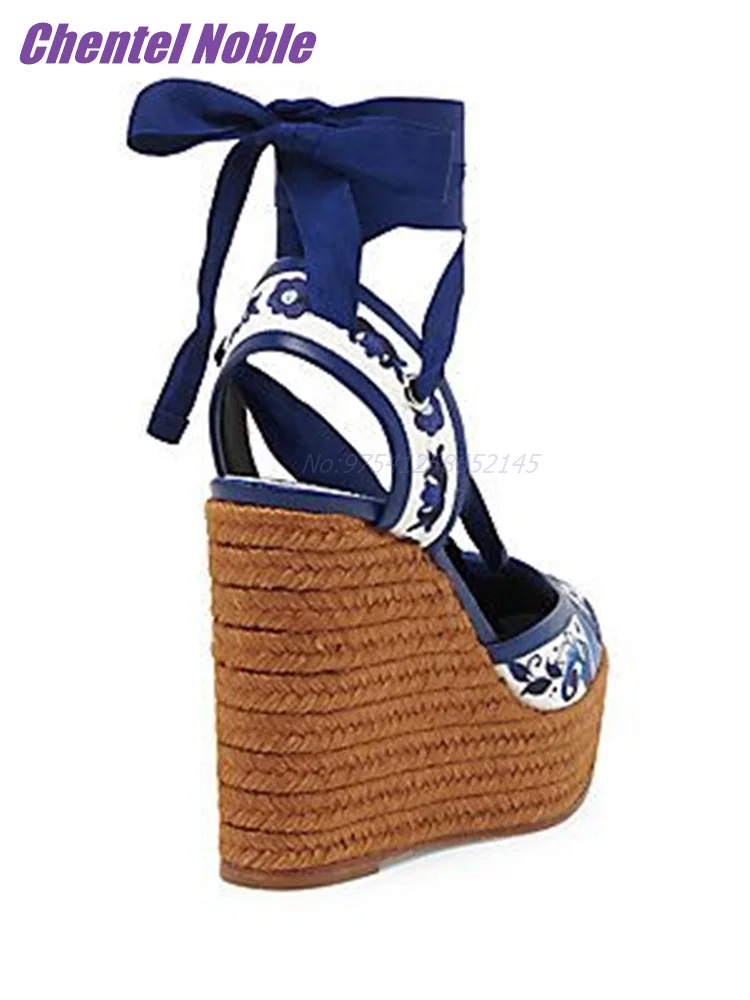 Wedge Printing Sandals For Women Ankle Straps Summer Elegant Lady Dress Fashion Luxury Brand Straw Sole Super High Heel