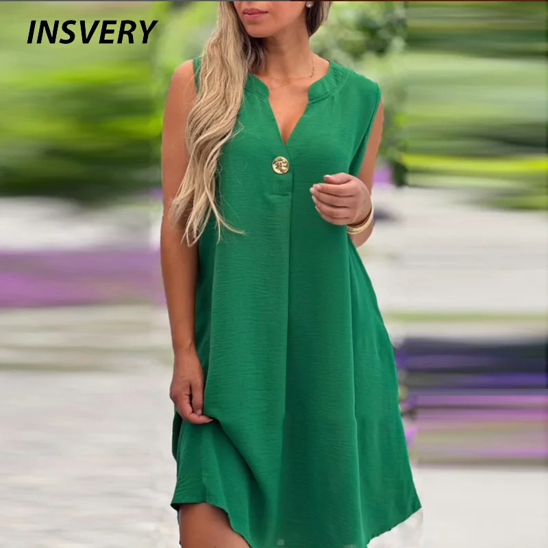 

Elegant V Neck Dresses For Women Summer Sleeveless Button Design Loose Beach Holiday Dress Women Fashion Mini Dress Boho