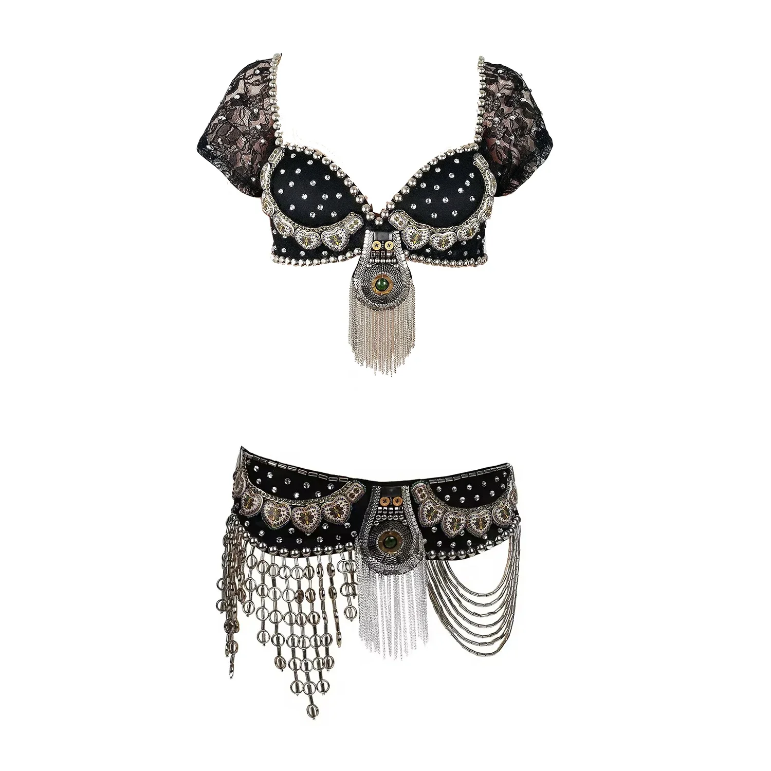 Preto profissional dança do ventre traje tribal punk antigo bronze contas de metal corrente sutiã e cinto