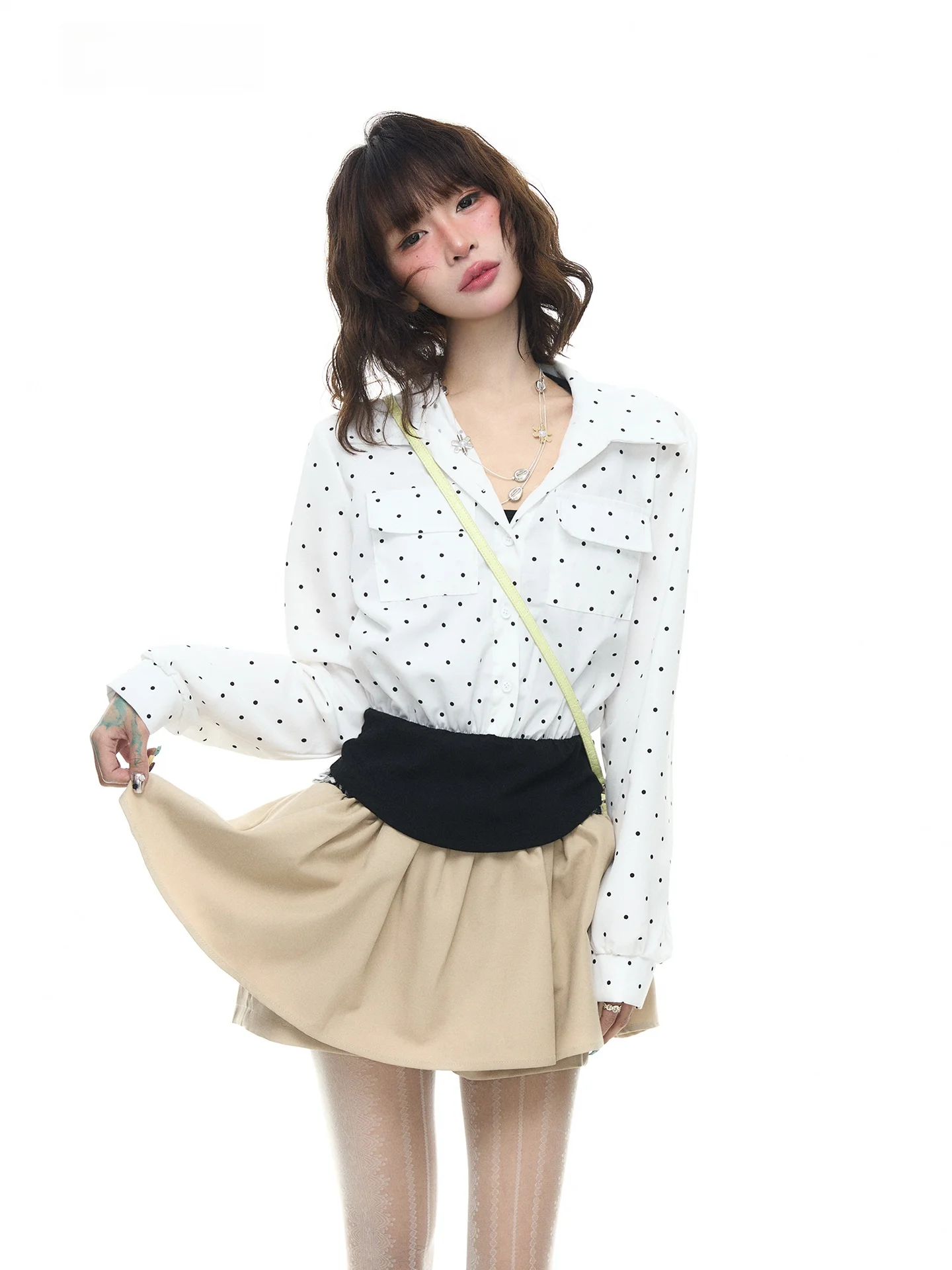 

Astrsk Korean Polka Dot Two Piece Fake Collar ort irt Women Lazy Sle Sweet Slimming Top Breathable Spring Summer