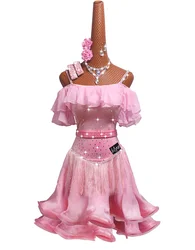 Latin Danswedstrijd Jurk Voor Kinderen Performance Jurk Kunstonderzoek Jurk Blote Schouder Roze Visgraat Curling Jurk # Md048