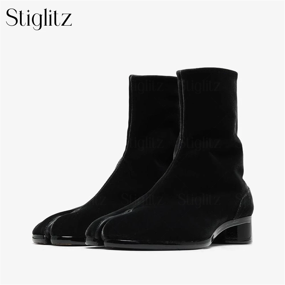 Black Velvet Tabi Booties Designer Style Novelty Ankle Boots Buckled Split Toe Cylindrical Heel Boots for Men Customizable Color