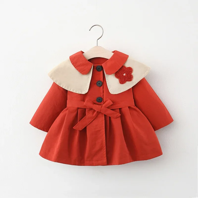 babzapleume Spring Fall Toddler Coat Korean Kids Clothes Fashion Belt Doll Collar Kids Windbreaker Newborn Baby Girls Jacket 030