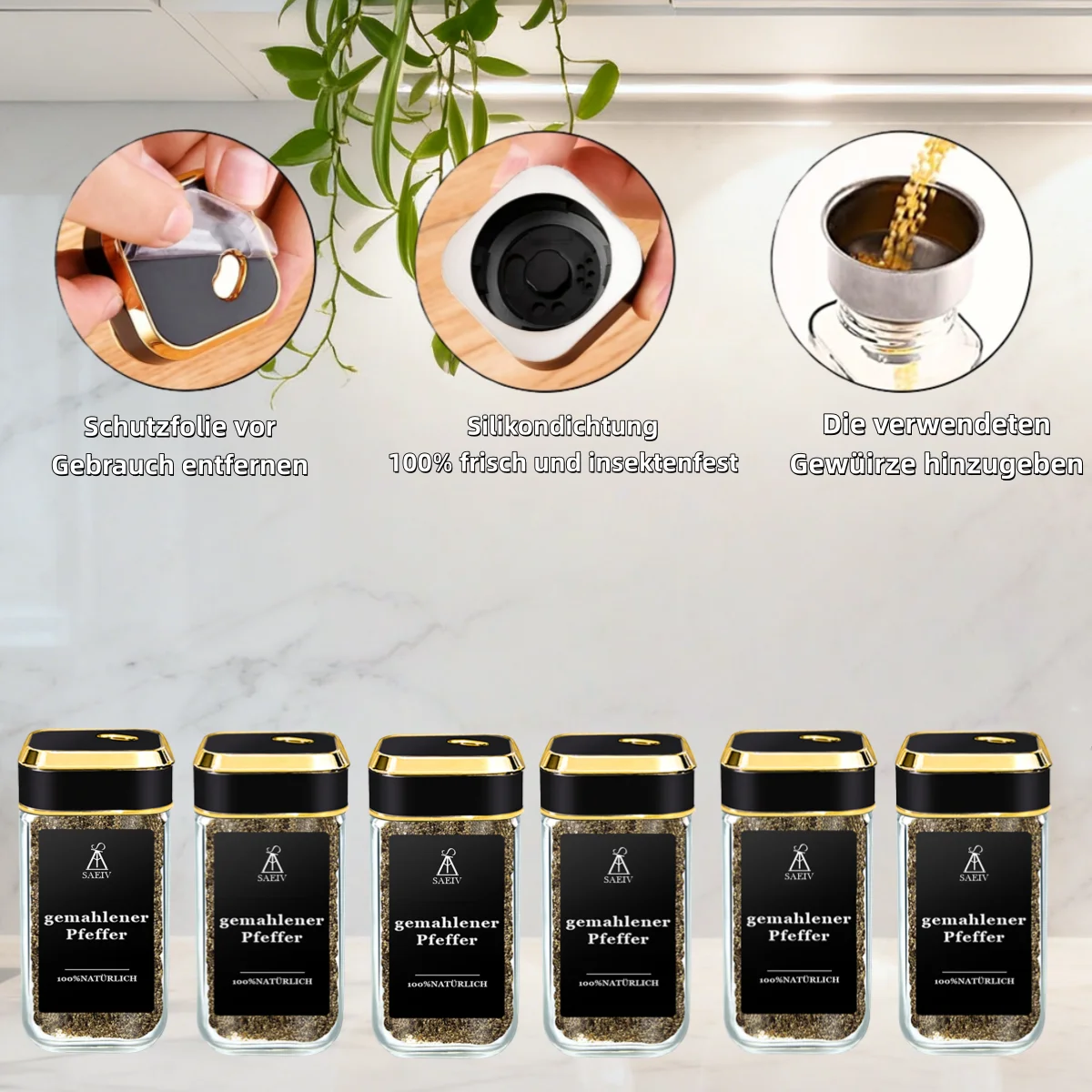 Saeiv 12/24 Quadratische Goldfarbene Gewürzgläser, 360 ° Drehbarer Gewürzspender - Frei Einstellbar, Gewürzbehälter-Set, Gewürzetiketten, Gewürzgläser aus Glas, für Ordentliche Gewürzaufbewahrung. – Detail 2