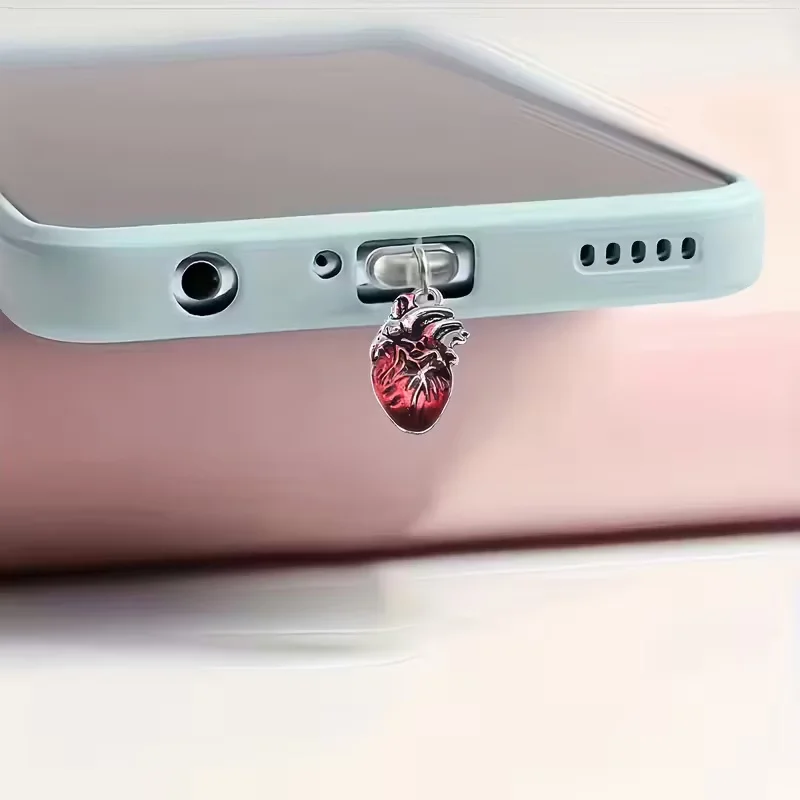 1 unidad de tapones antipolvo para teléfono móvil con forma de corazón humano de aleación de zinc, colgantes decorativos creativos para teléfono móvil, accesorios para teléfono móvil