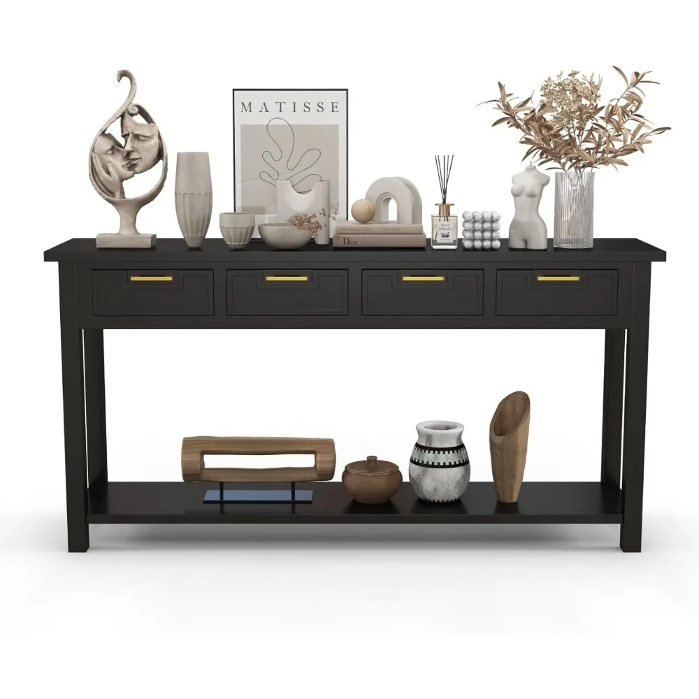 Solid Wood Console Table - Entryway Table with 4 Drawers and a Bottom Storage Shelf, 60 Inch Narrow Long Sofa Table for Living