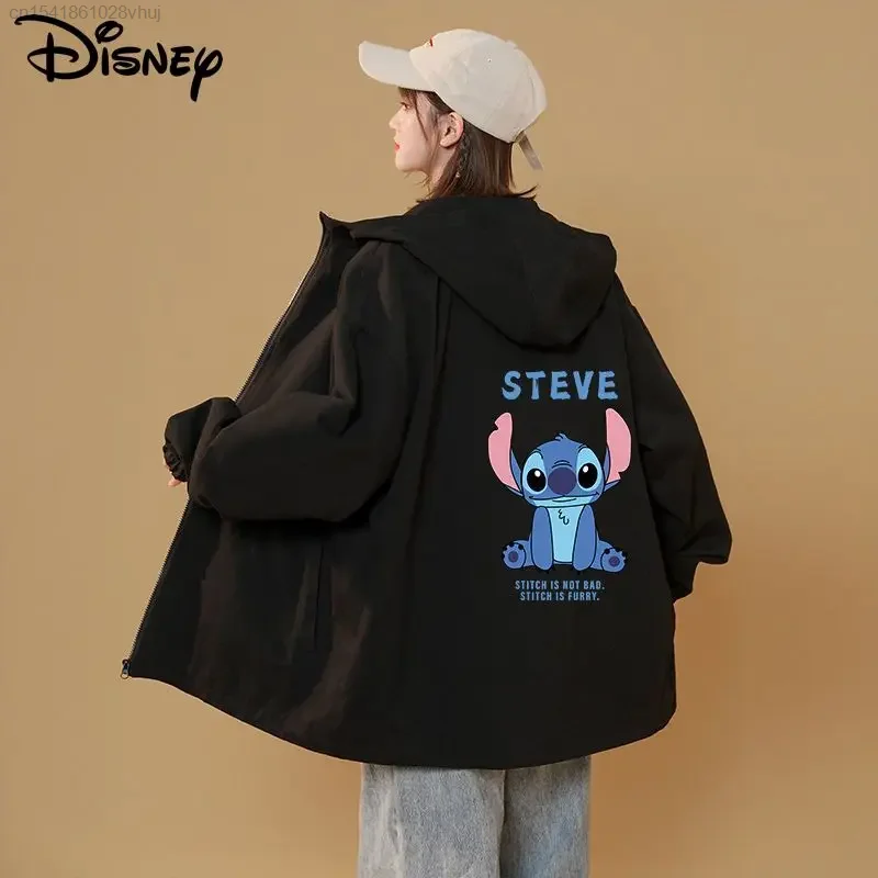 Disney Cartoon Stitch Bomber Jacket For Girls Trendy Oversized Outerwear Student Hooded Jacket Y 2k Hip Hop Black Cardigan Coats