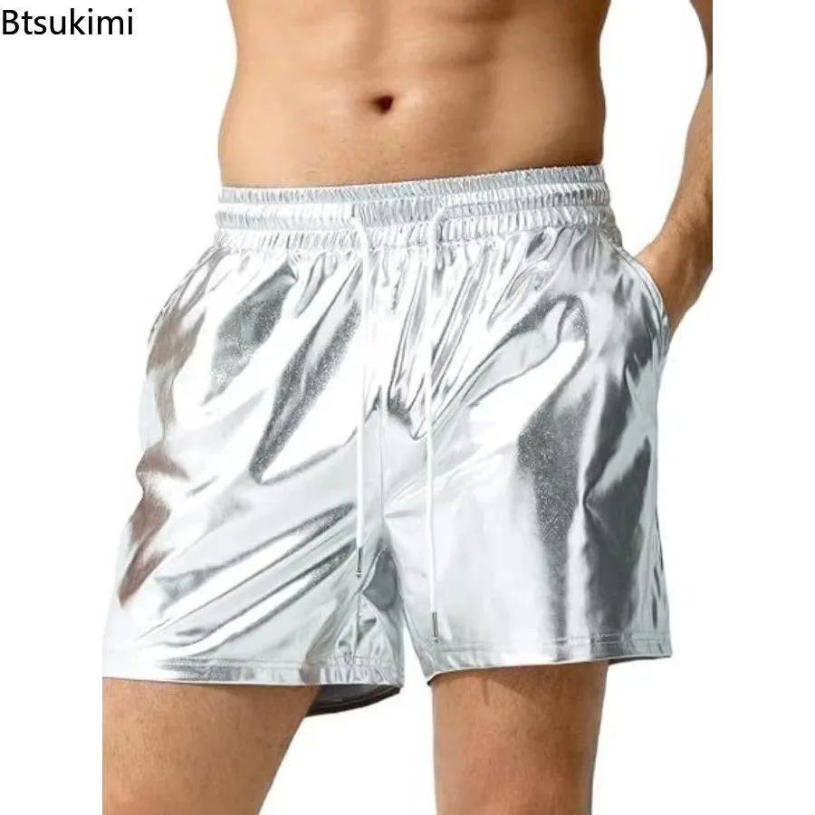 

2025 Men's Casual Shorts Sparkling Bright Color Trendy Elastic Waist Adjustable Drawstring Shiny Short Pants Loose Beach Shorts