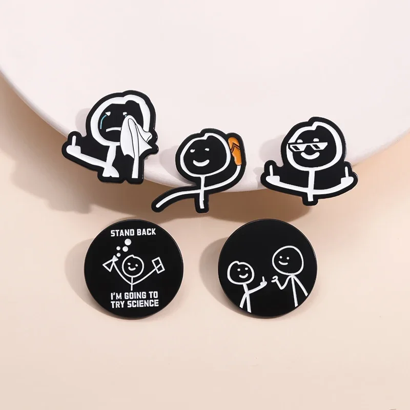 5PCS/SET Cute Stickman Enamel Pins Custom I'M GOING TO TRY SCIENCE Brooches Lapel Badges Punk Funny Jewelry Gift Wholesale