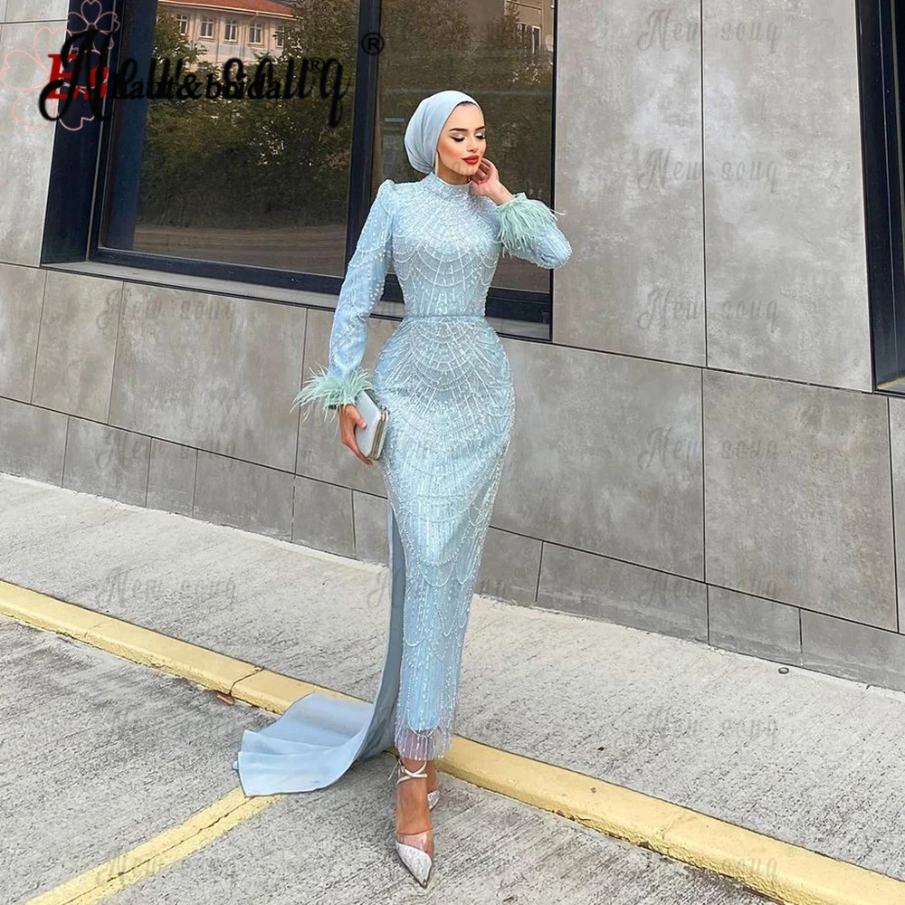 Muslim Long Sleeve Blue Party Dress With Overskirt Women Beading Prom Dresses Ismarlama Fırsat Elbiseler Dubai Hochzeitskleid