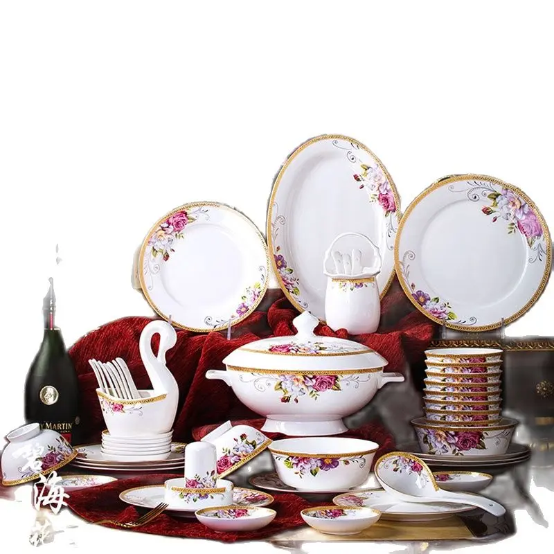 60 Heads Jingdezhen Bone China Dishes Set Pot Dinner Tableware Rice Bowl Soup Bowl Salad Noodles Bowl Plate Dish Bowl Dinnerware