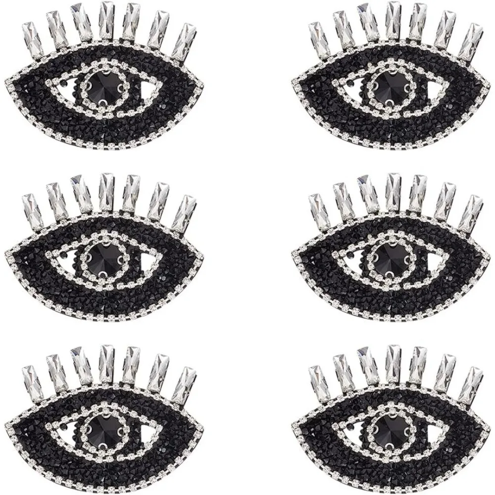 6 Pcs Eye Beaded Patches for Clothes Black Evil Eye Sequined Patch with Eyelashes Sew on Rhinestone Beaded Applique for DIY