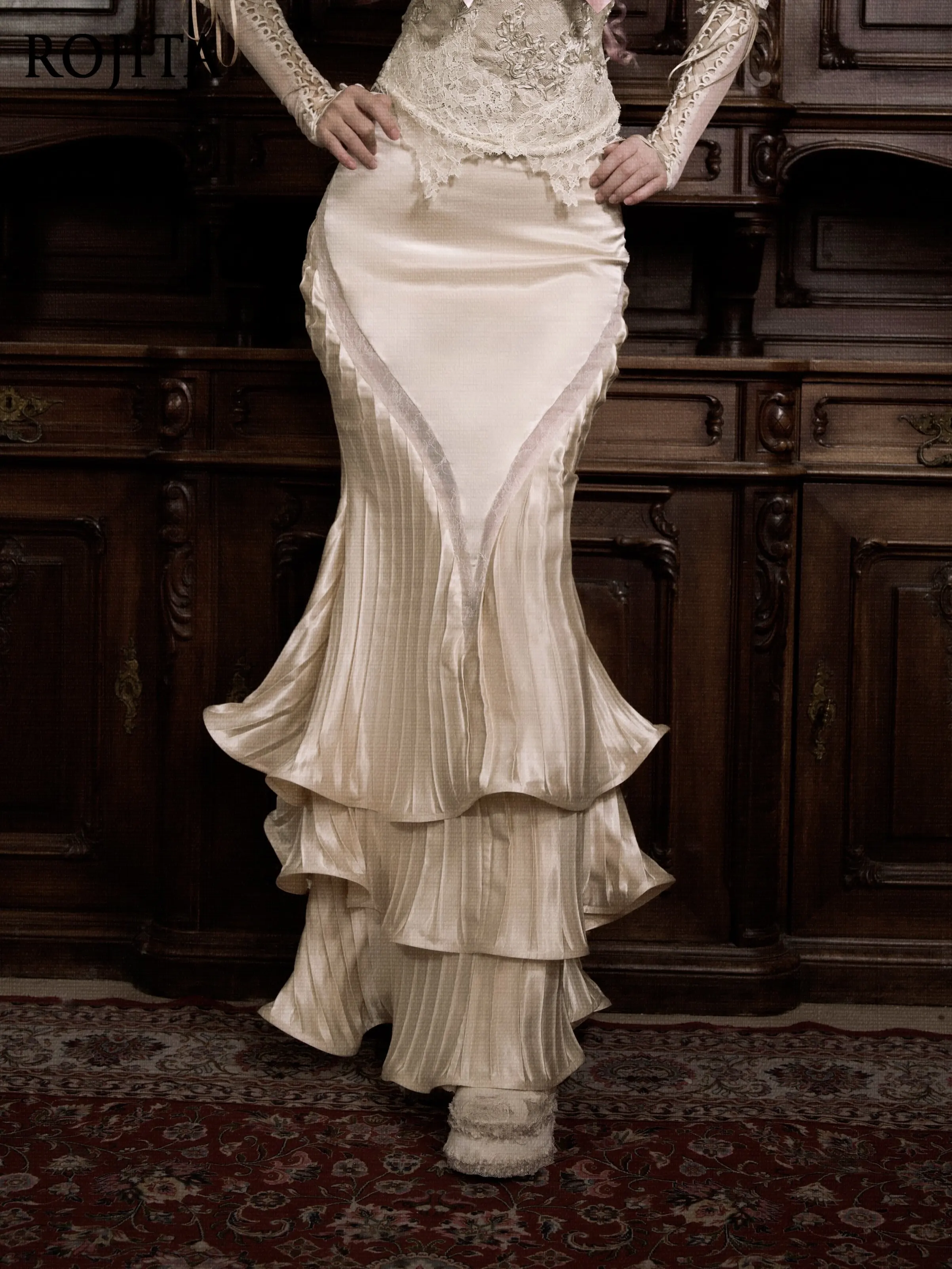 Cream Satin Pleated Mermaid Maxi Skirt Women High Waist V Trim Layered Ruffle Flared Long Formal Skirt French Fishtail Skirt