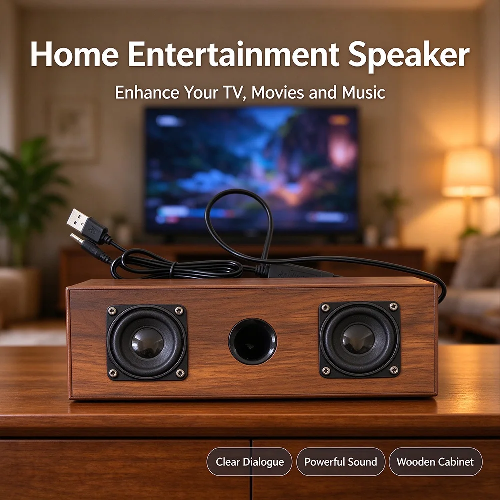 Wired Wooden Home Entertainment Speaker, Dual 45mm Drivers 3W×2 Stereo Sound Bar, Plug & Play for Desktop, Notebook