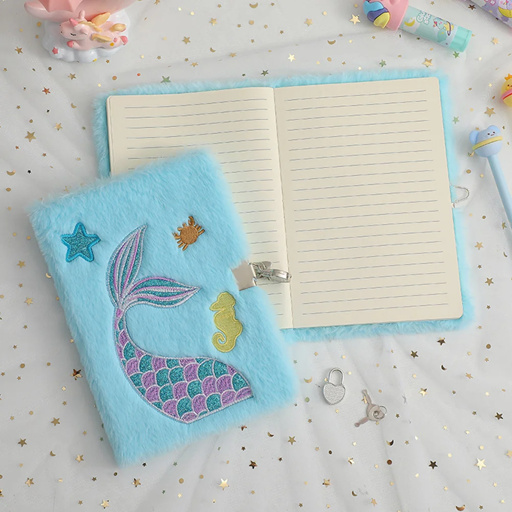 Girl Cartoon Plush Locked Notebook Mermaid Tail Diary The Lockable Fluffy for Notes Taking Paper Notepad with Travel