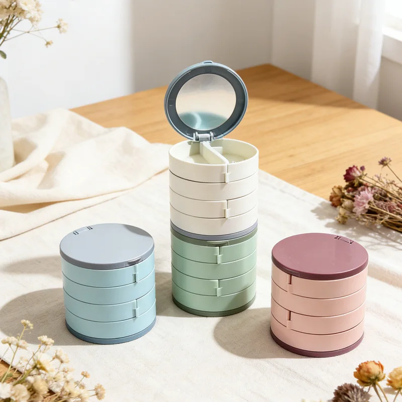 Random Color Multi-layer Rotating Earring Storage Box, Desktop Vanity Home Use, With Mirror, Compartmentalized, Dust-proof,