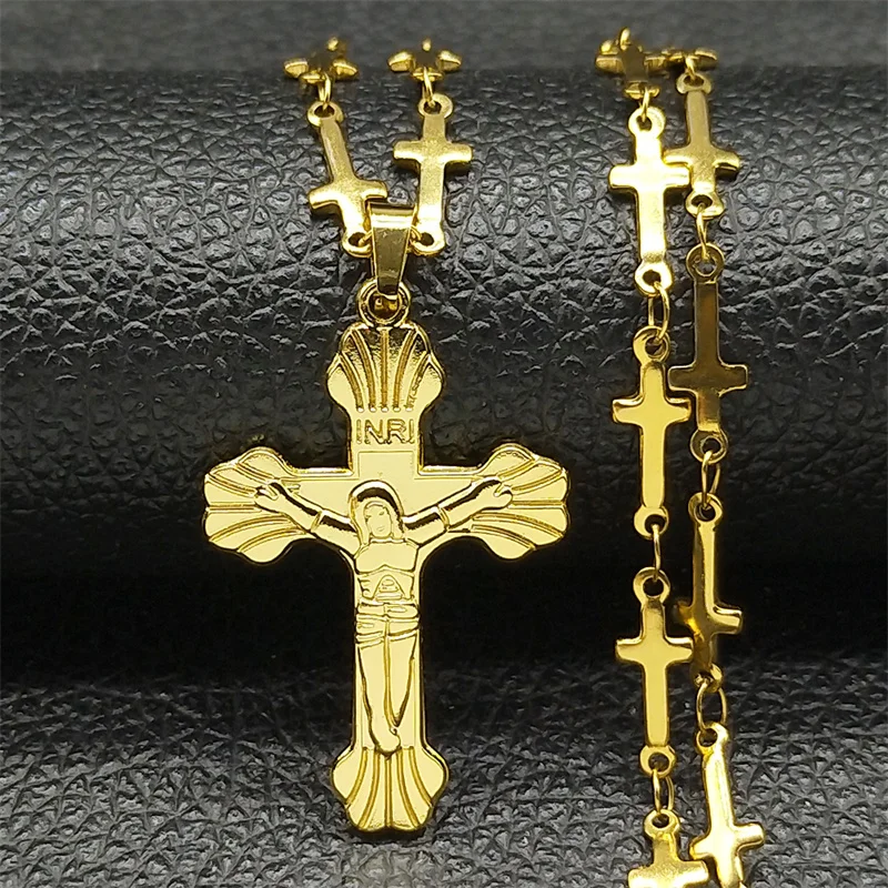 INRI Jesus Cross Pendant Necklace for Women Men Stainless Steel Gold Color Catholic Amulet Necklaces Chain Jewelry