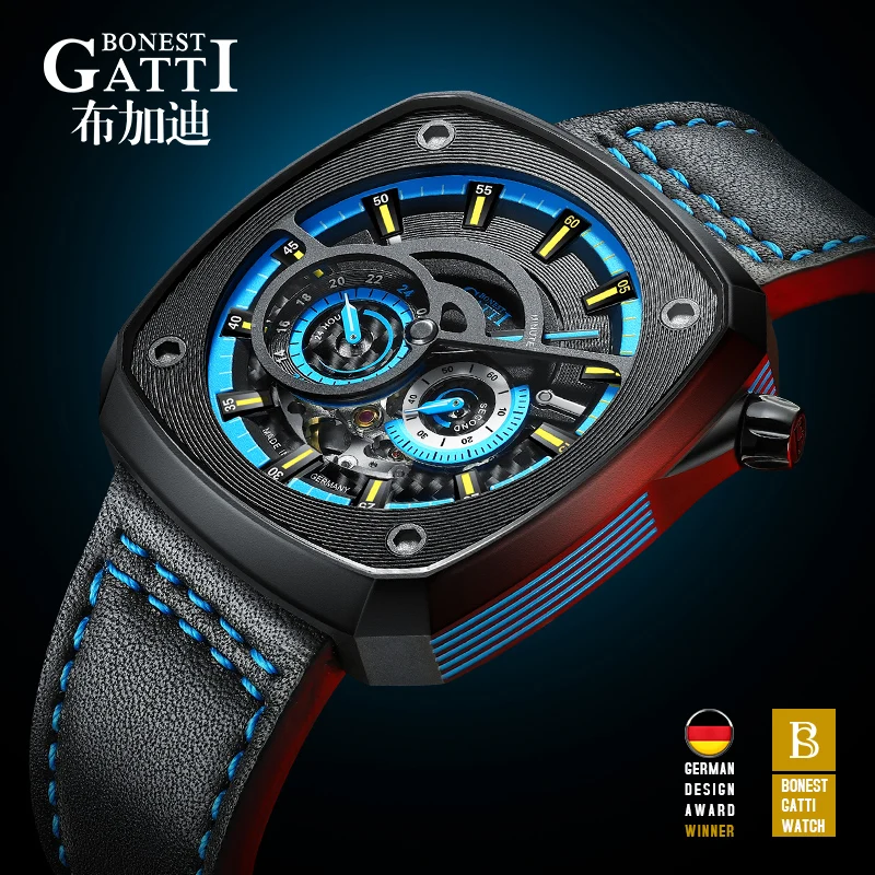 

BONEST GATTI мужские автоматические часы механические наручные часы квадратный корпус водостойкий сапфировый светящийся модный
