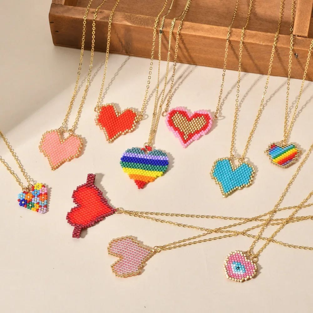 Rice bead necklace Originality Heart Hand knitting Pendant Rainbow Design Bohemia Adjustable Fashion  Female Beaded necklace