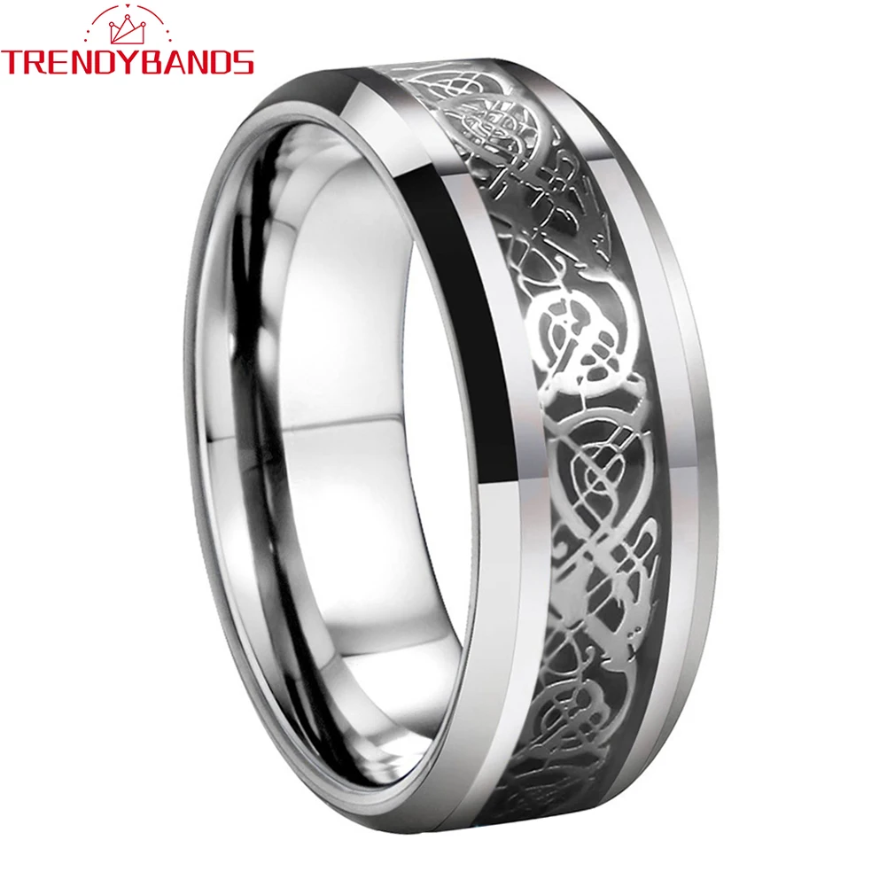 8mm Men's Tungsten Ring Women Wedding Band Black Carbon Fiber Dragon Inlay Stepped Beveled Edges Polished Comfort Fit