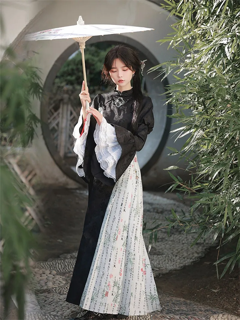 

Chinese Style Bamboo Embroidered Qipao Traditional Ethnic Costume Lace Ruffled Lolita Dress Calligraphy Pattern