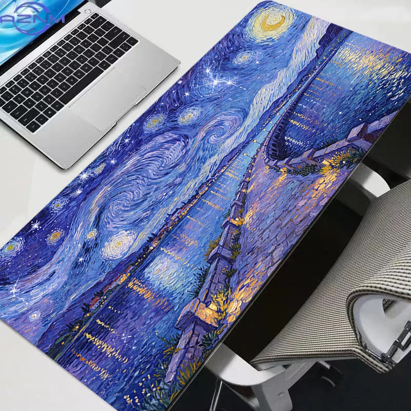 Starry Night Road Mouse Pad Waterproof Non‑Slip Van Gogh Style Swirl Star Sky Vintage Stone Path Art Mousepad