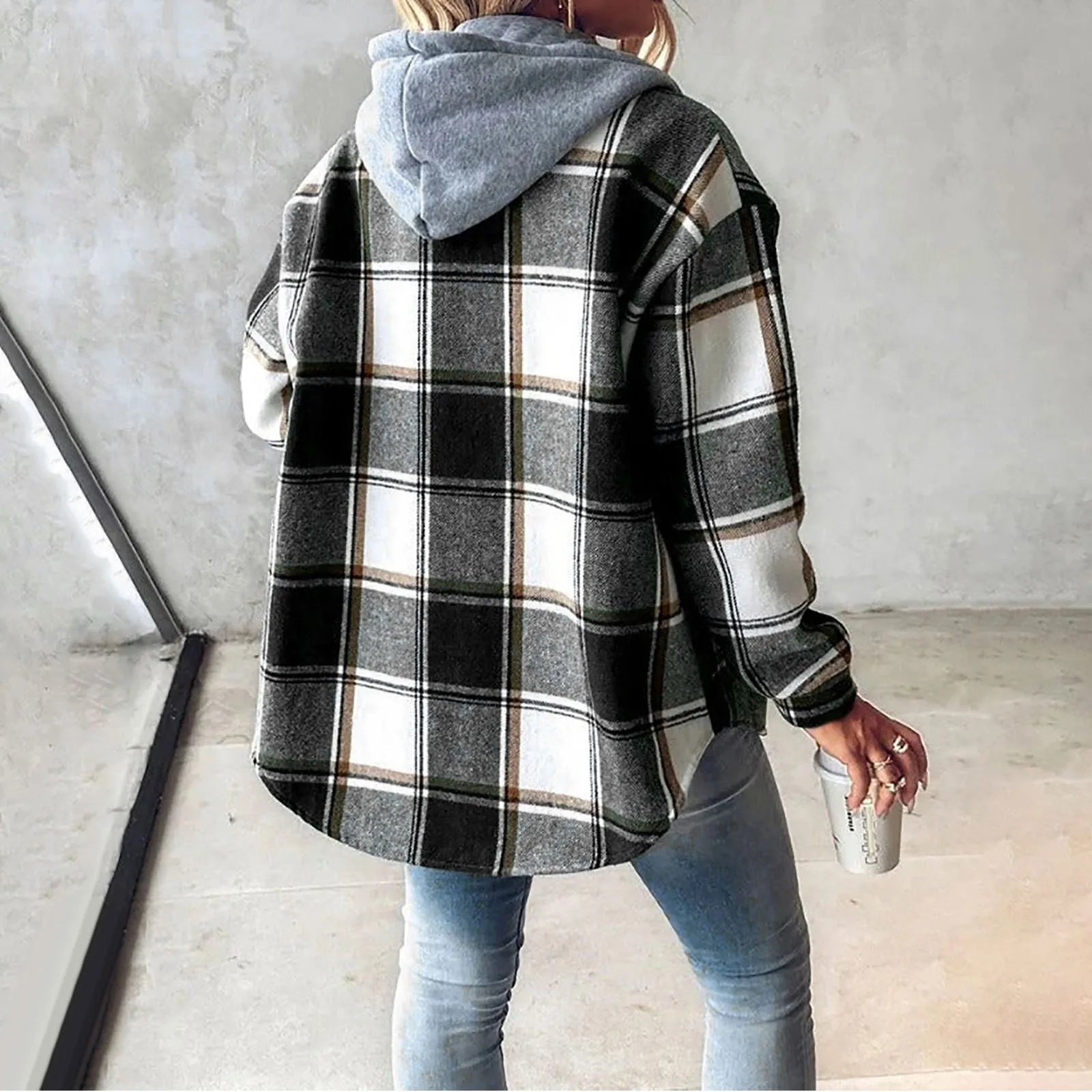 2024 Autumn And Winter New Women\'S Casual Plaid Printed Hoodie Loose Comfortable Warm Fleece Coat Fashion All-Match Coat