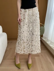 Elegant Splicing Women Midi Skirts Y2K Korean Chic High Waist Rear Slit Sequin A-Line Skirt Spring New Fashion Femme Party Skirt