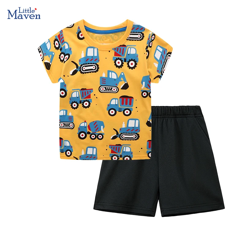 Little maven Baby Boys Children's Clothing Kids Clothes 2026 Summer Cotton Sets Cartoon Excavator T Shirts Tops+Pants Gifts
