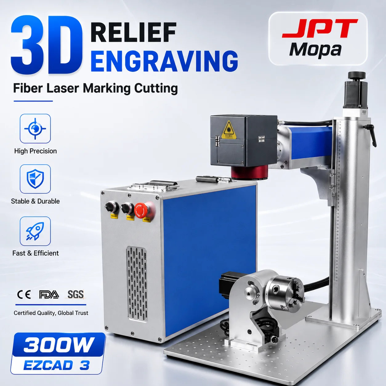 JPT Mopa 300W 3D Relief Deep Engraving Machine Fiber Laser Marking Cutting Machine for All Metal 2.5D Laser Deep Engraver  200W