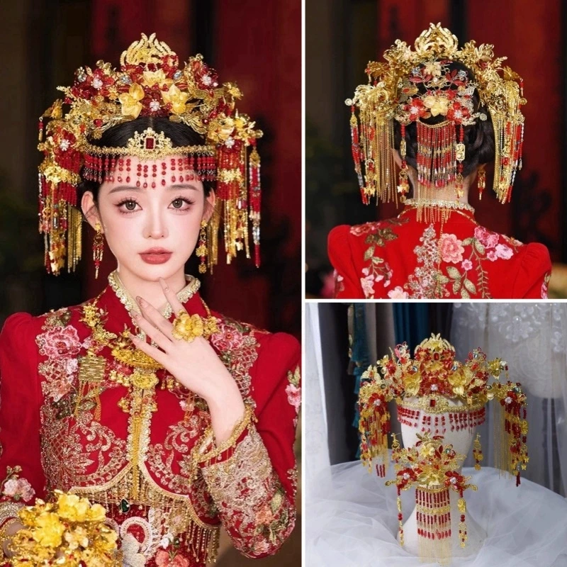 Vintage Red Golden Color Xiuhe Headwear Chinese Ancient Style Tassels Front and Back Phoenix Wedding Hairwear  Jewelries