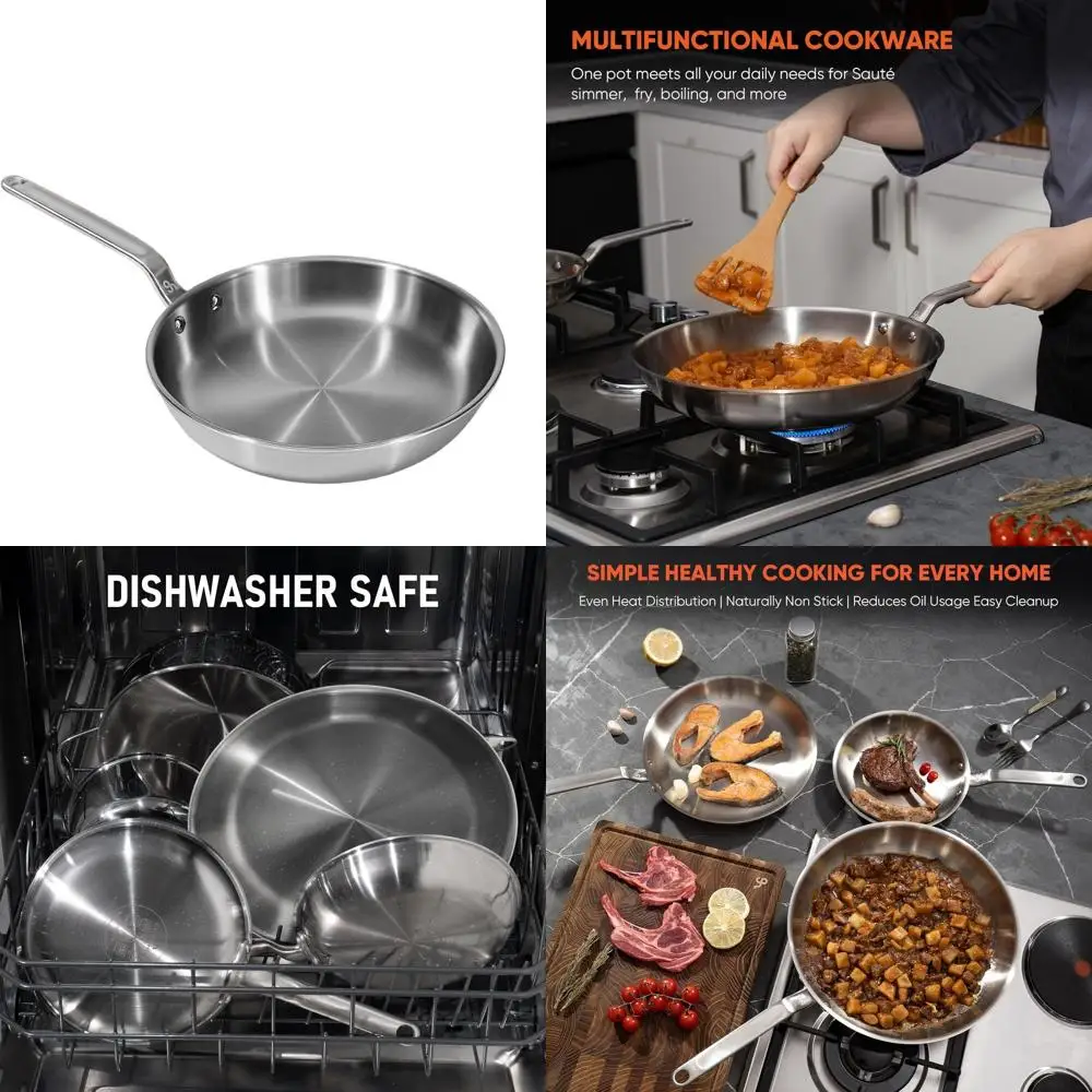 

10 5-Ply Stainless Steel Fry Pan with Aluminum Core for Even Heat, Induction & Dishwasher Safe, Suitable for All Stoves & Ovens