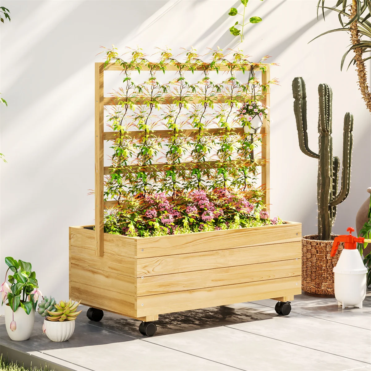 Elevated garden bed,wooden flower pot,wood planting box,Four wheels, two braked, ensure easy, controlled mobility