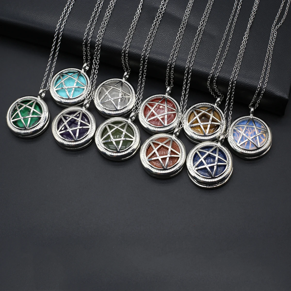 Round Pentagonal Natural Semi Precious Stone Crystal Agate Alloy Box Jewelry Making Charm Necklace Jewelry Accessories Gift