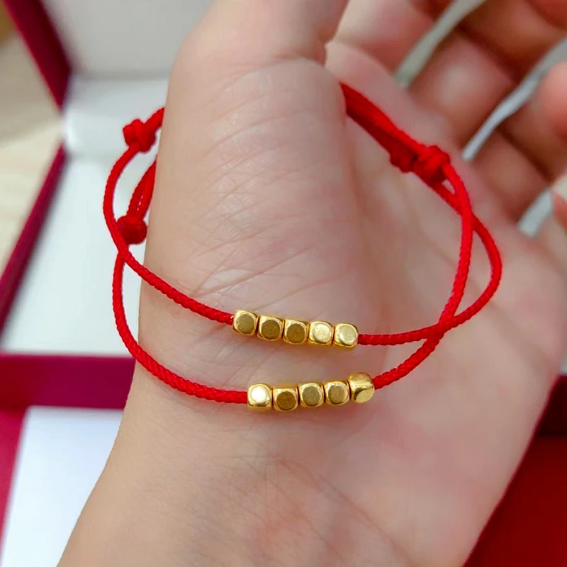 1pcs Pure 24K Yellow Gold Bracelet For Women 3D  Sugar Cube Bead 4mm Lucky Zodiac Year Bracelet