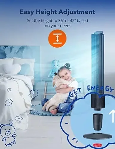 Башенный вентилятор с пультом дистанционного управления, 90 °   Осциллирующий тихий охлаждающий вентилятор, 42 или 36 дюймов, регулируемая по высоте, 5 скоростей, режим сна, 12 часов