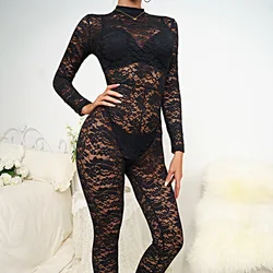 Fashion Full Length Black Lace Sexy Jumpsuits Y2k Japanese Coquette 2000s See Through Romper Party Club Corset Guipure Jumpsuit