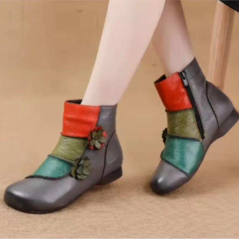 Mother Women's Genuine Leather Boots Female Ankle Shoes Zipper Ethnic Style Autumn Plush Fur Warm Flower