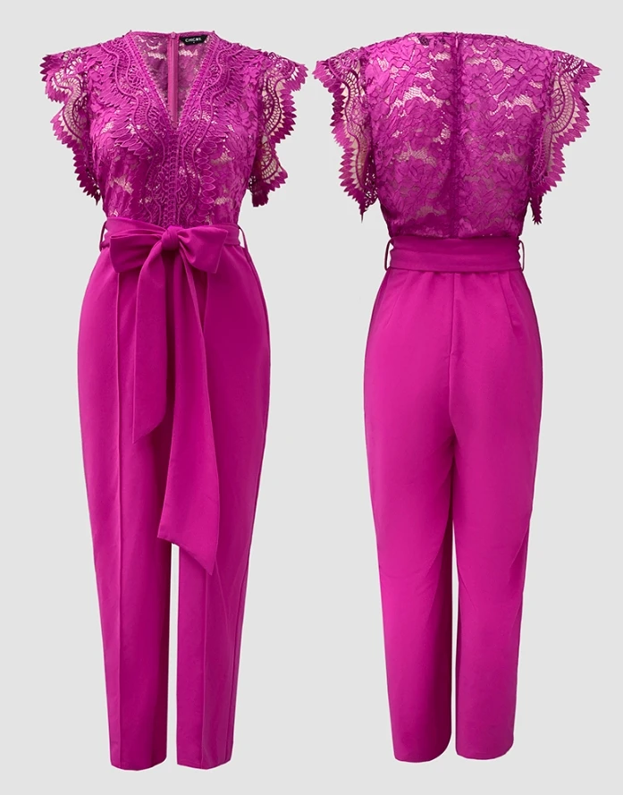 Jumpsuit V Neck Scallop Trim Sleeve Lace Patchwork Bow Tie Waist Jumpsuit Casual Seam Front Zipper Back Wide Leg Jumpsuit