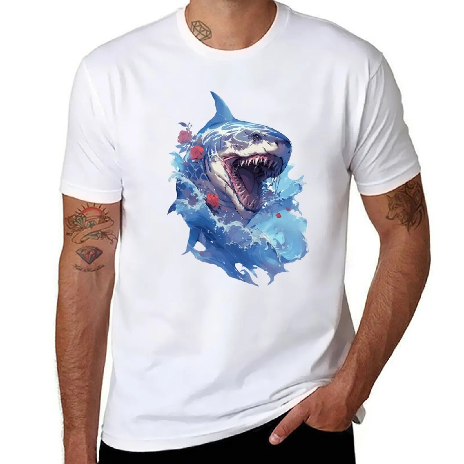 

of jumping out great pray shark white ocean carcharodons hunting anime style T-Shirt Creative Graphic Tee Shirt