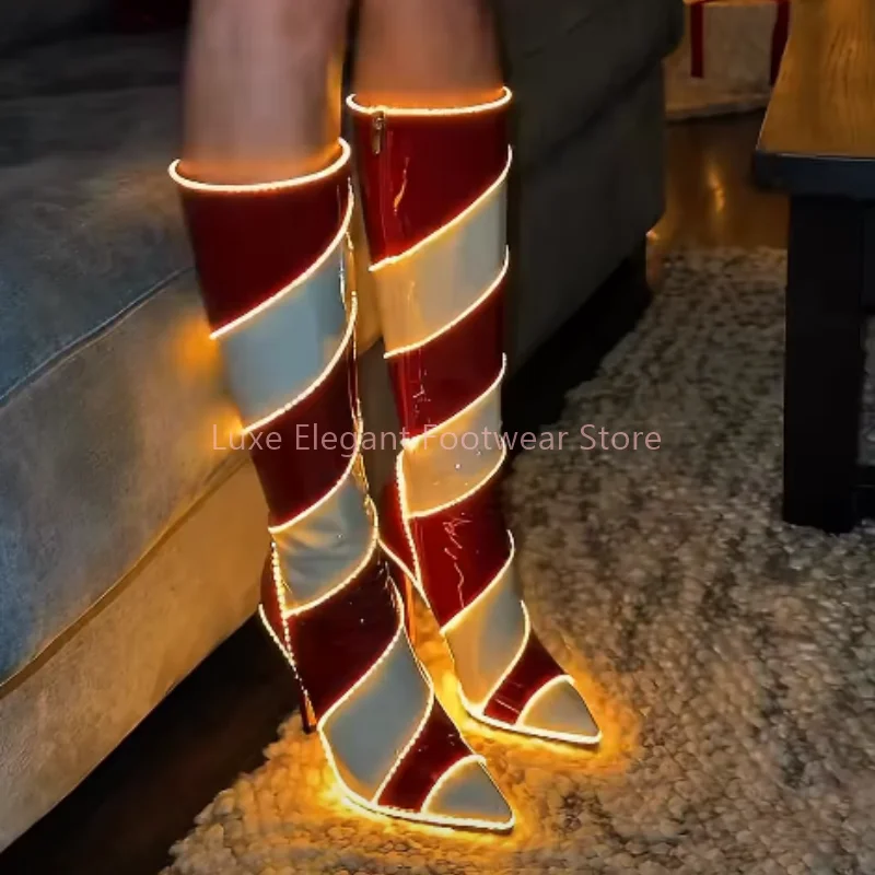 Red White Color Block Led Light Shiny Long Boots Women Patchwork Pointed Toe Knee High Boots Fashion Trendy Banquet Party Shoes