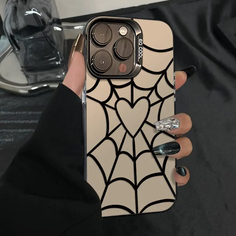 

Spider web heart pattern design phone case for iPhone 16 15 14 13 12 11 Pro/ Max/Plus shock-proof rear cover anti-fingerprint
