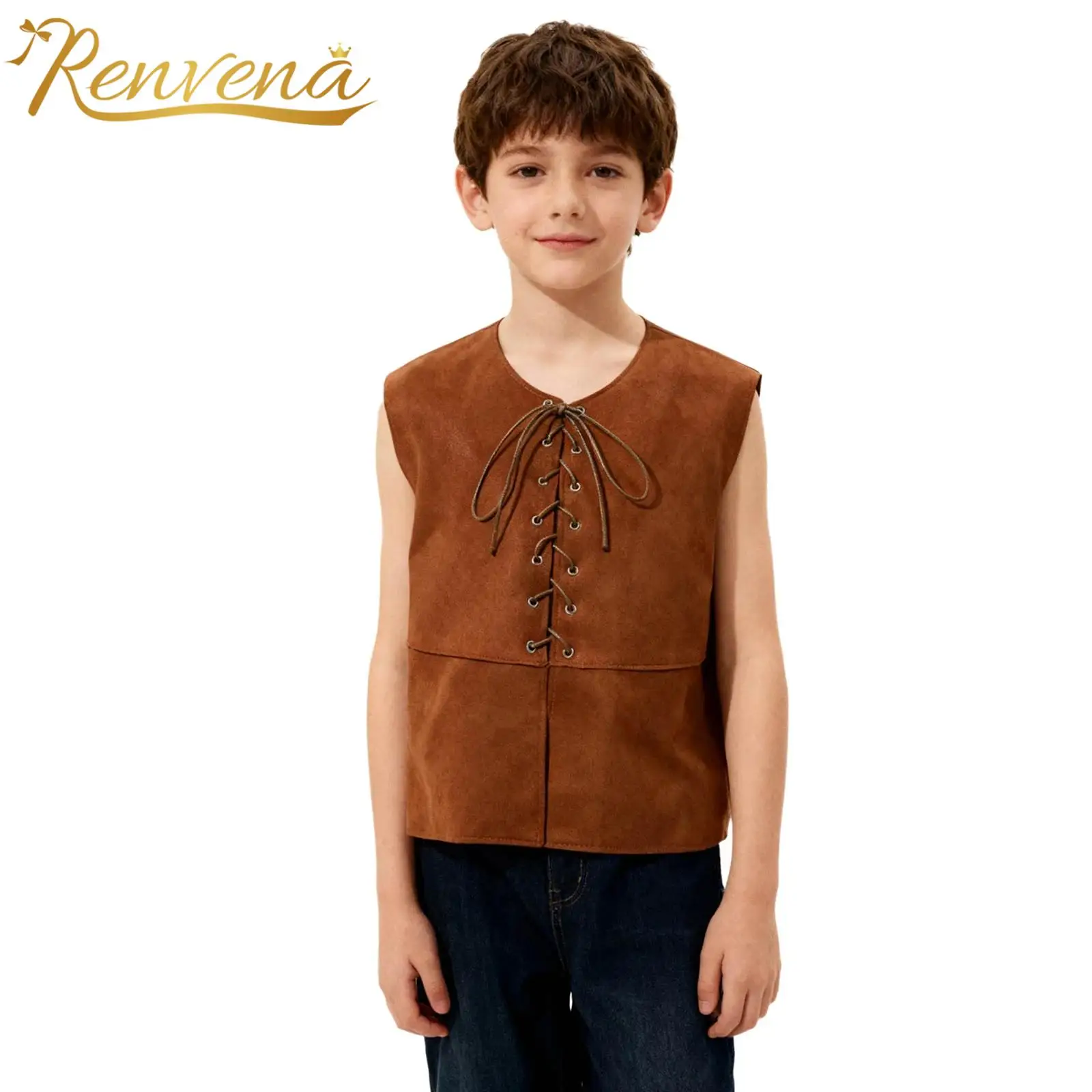 Kids Boys Medieval Renaissance Vest Pirate Costumes Halloween Party Lace-up Sleeveless West Cowboy Gothic Steampunk Waistcoat