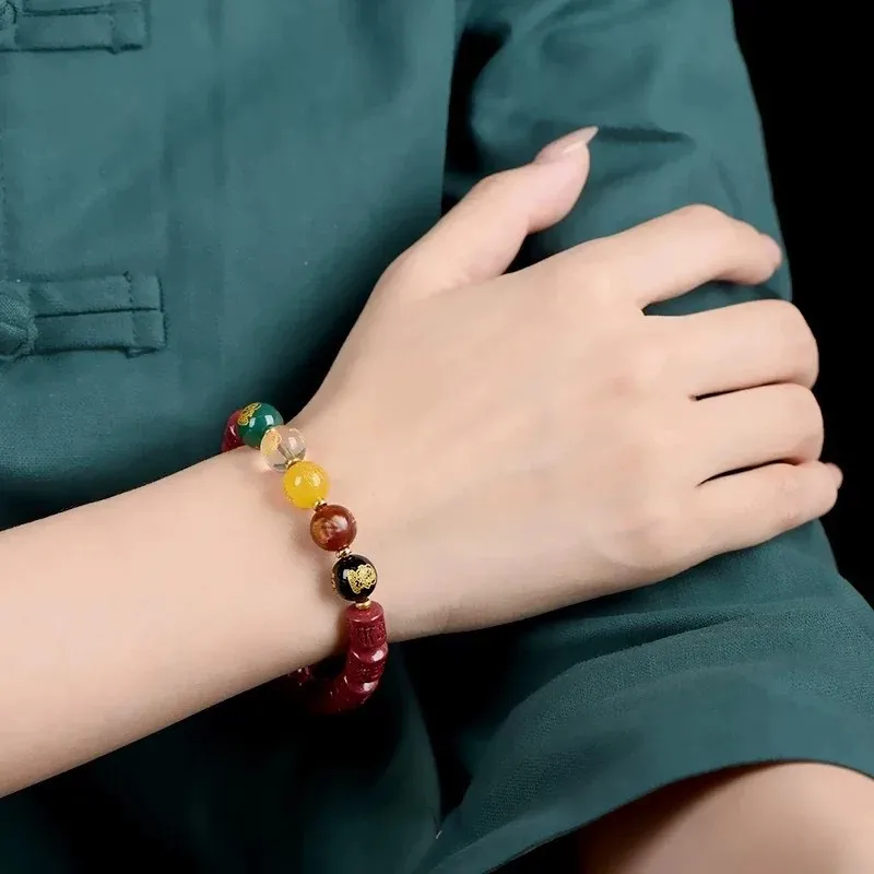 Cinnabar Pixiu Bracelet Female Purple Gold Sand Five-way God of Wealth Bracelet Six-character True Words Barrel Bead Hand String