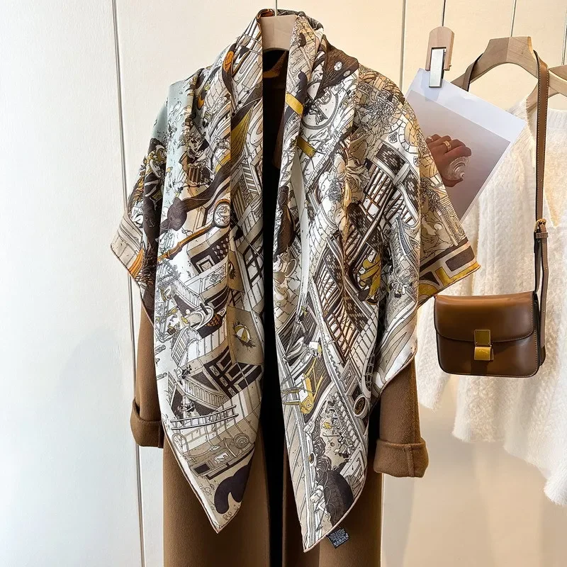 High-end Elegant Women Fubao Avenue Double-sided Same Color Print Quality Silk Wool Hand-rolled Edge Large Square Scarf Shawl