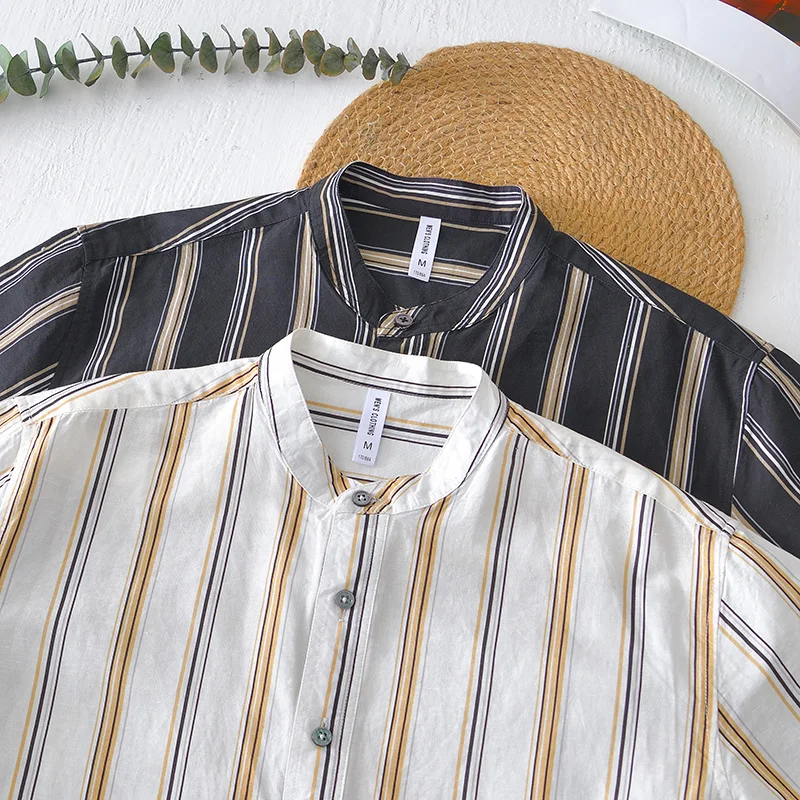 New Designer Short-sleeved Casual Stripe Brand Shirts For Men Fashion Stand Collar Comfortable Tops Clothing Camisa Masculina