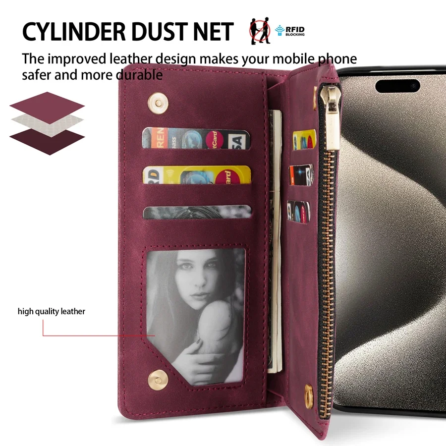 Wallet Multi-card Zipper Kickstand Magnetic Flip Leather Case For iPhone 15 Pro Max 14 Plus 13 Mini 12 11 XS XR SE 2022 8 7 6 6s