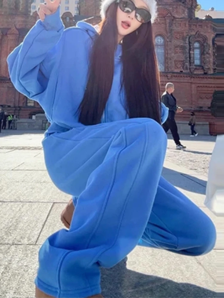 

Winter outfit thick fleece hooded sweatshirt set for women's autumn and winter casual sports wide leg pants two-piece set