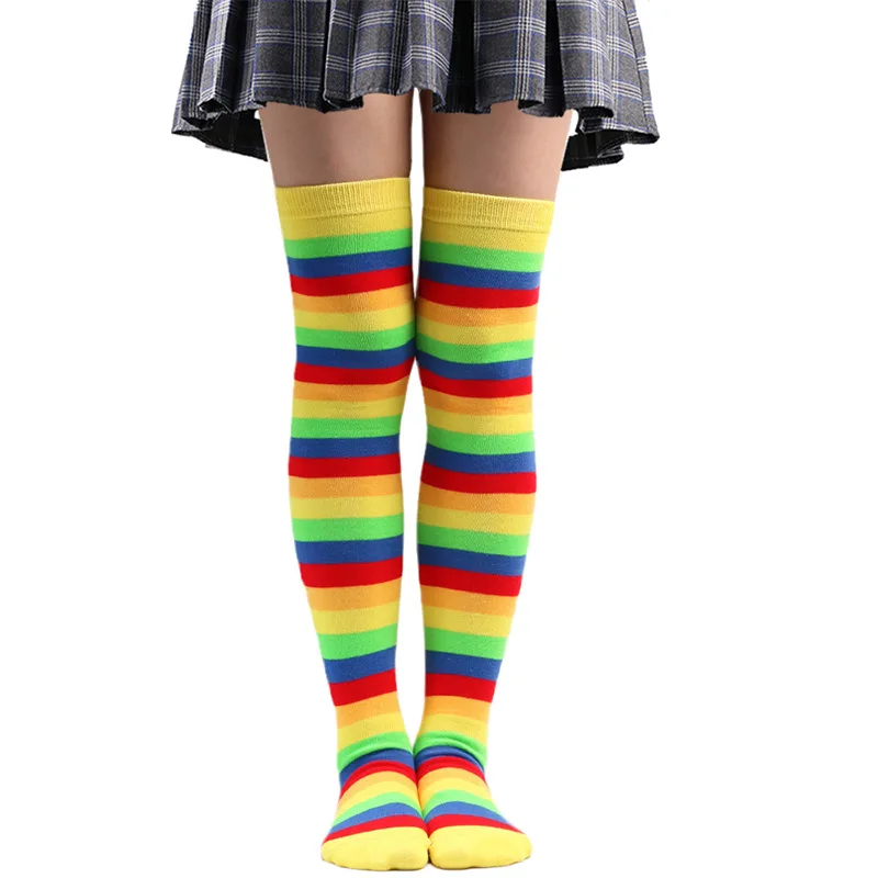 New Cotton Elasticity Sweat Female Stage Performance Stockings Candy Colors Rainbow Striped Sporty Retro Harajuku Long Socks